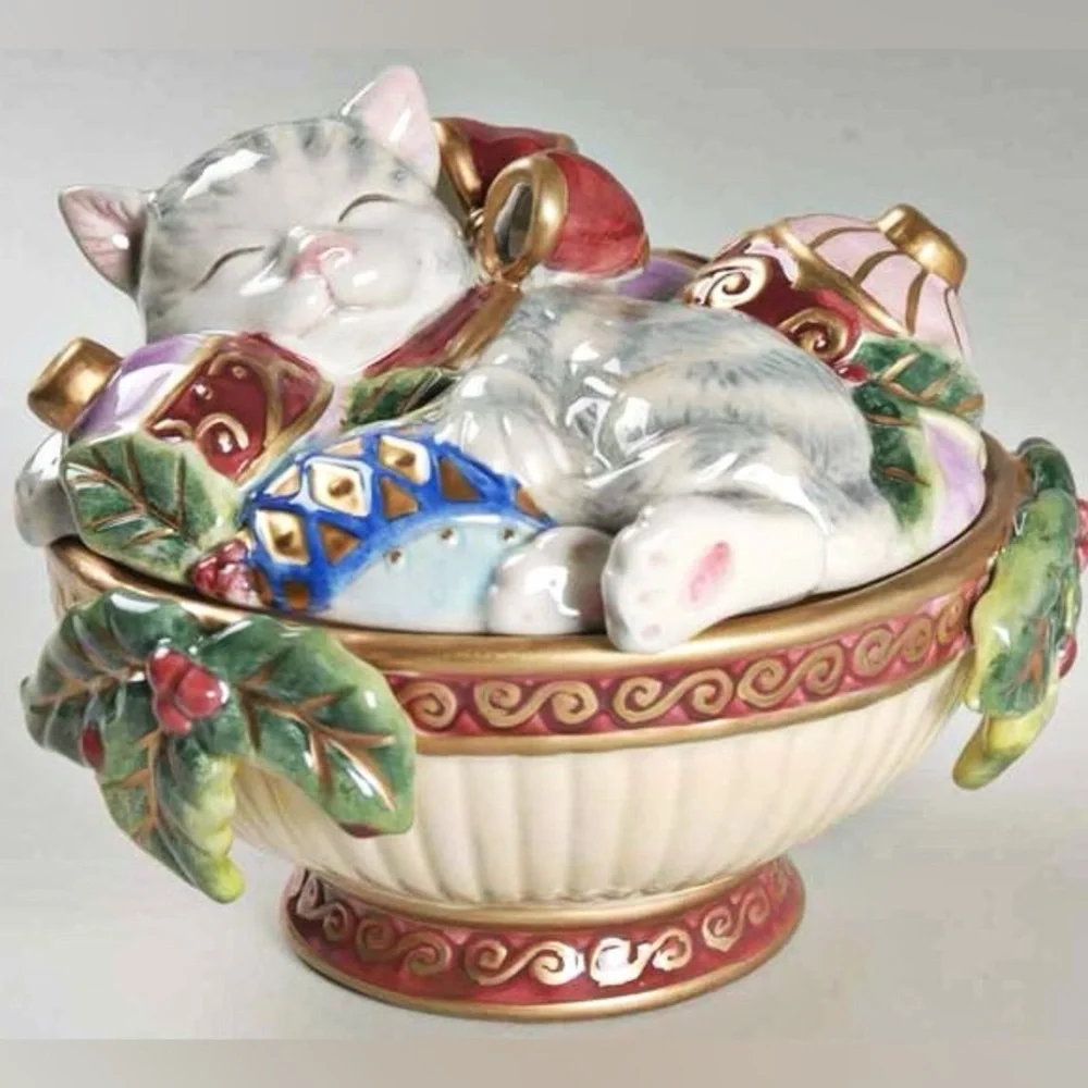 Fitz and Floyd Kristmas Kitty Lidded Box Candy Dish Trinket Jar Holiday Decor